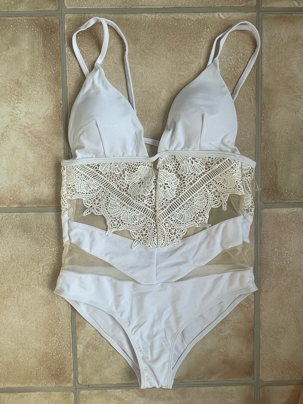 New White lace one piece swimsuit, open back, mesh front panels, padded; Size M